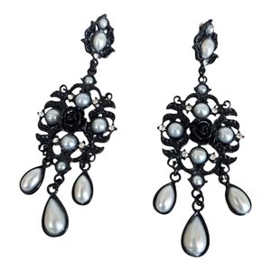 Vintage Black Beaded Victorian Pearl Rose Chandelier Tear Drop Dangle Earrings